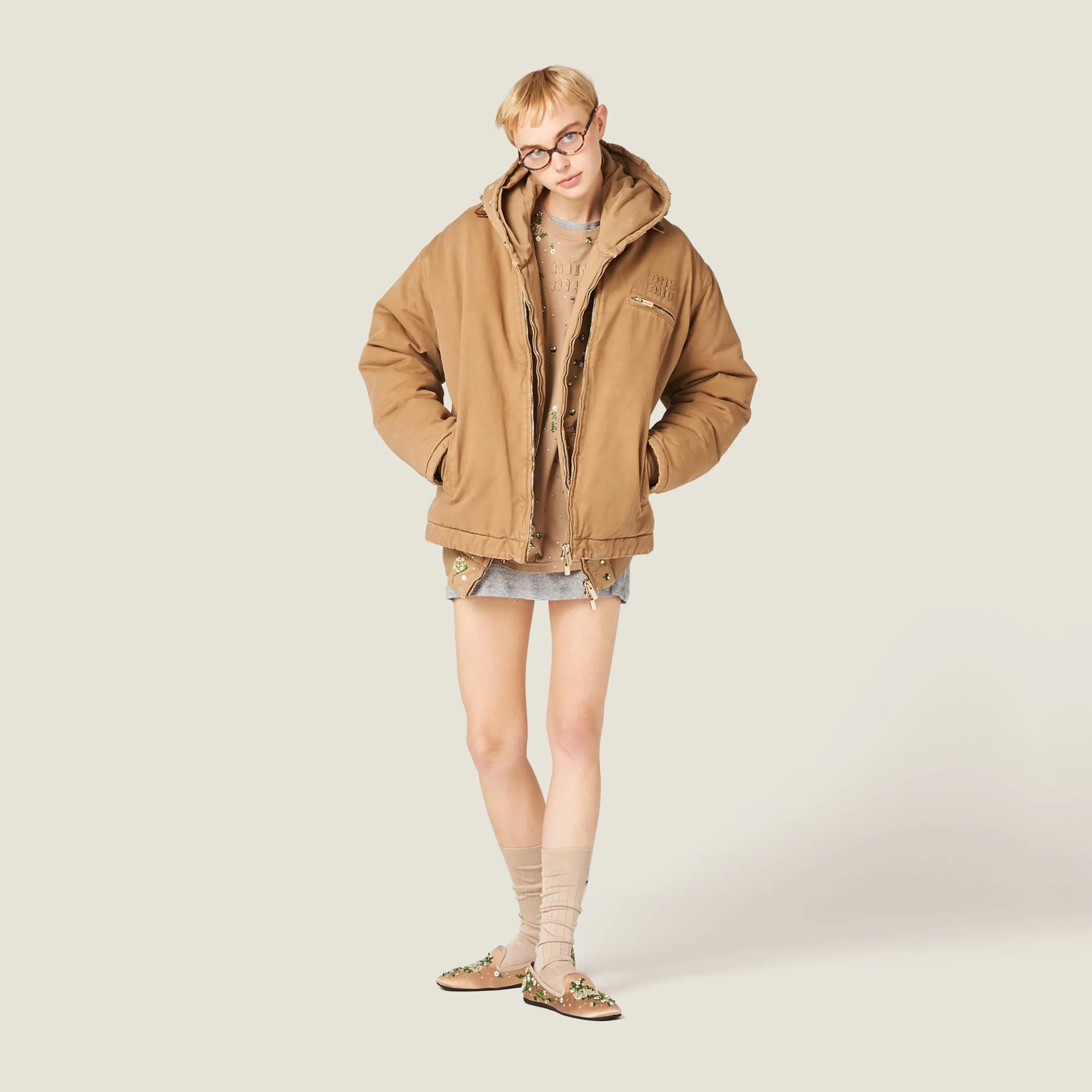 Cord Embroidered Garment-dyed Gabardine Blouson Jacket | Miu Miu
