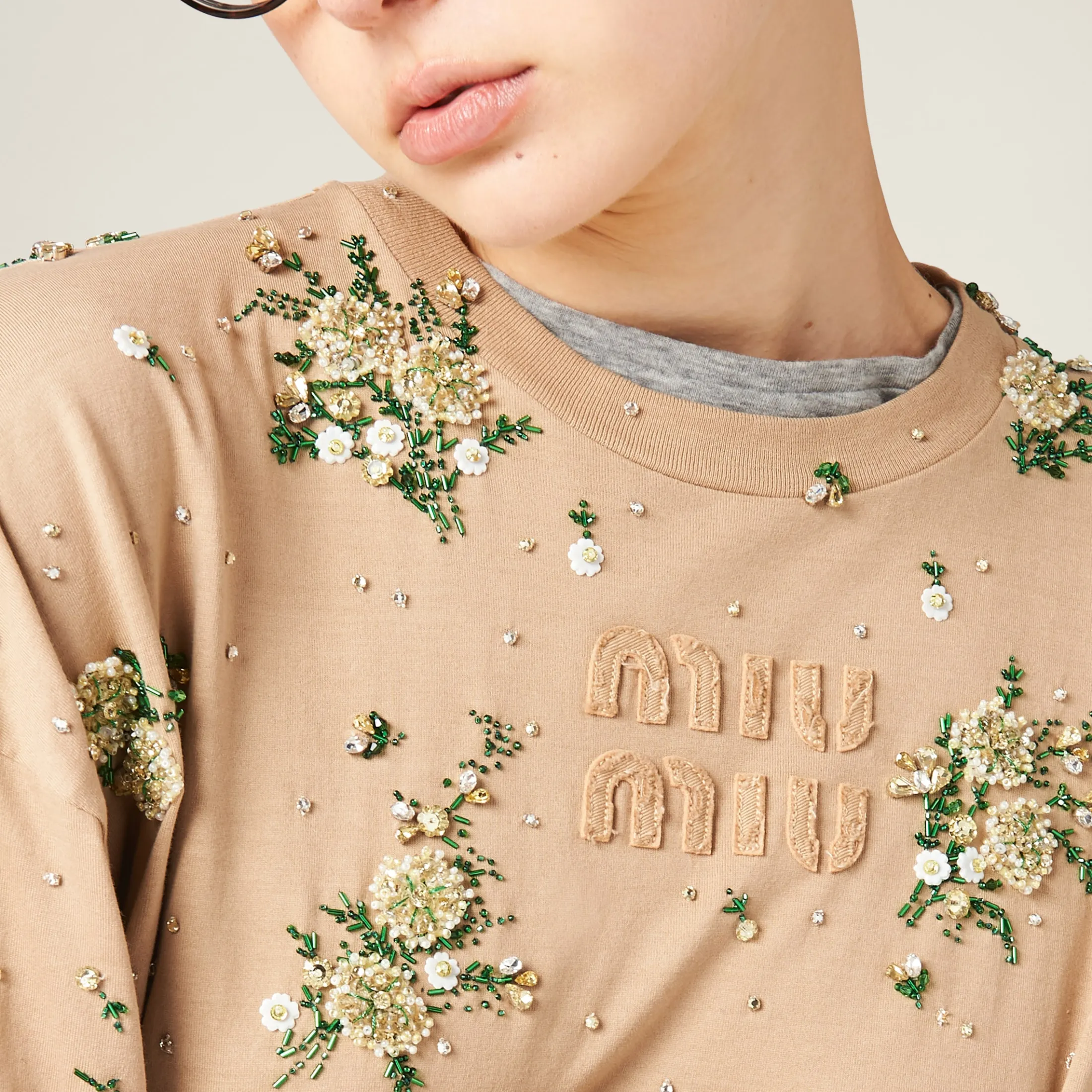 Cord Garment-dyed Long-sleeve Jersey T-shirt With Embroidery | Miu Miu