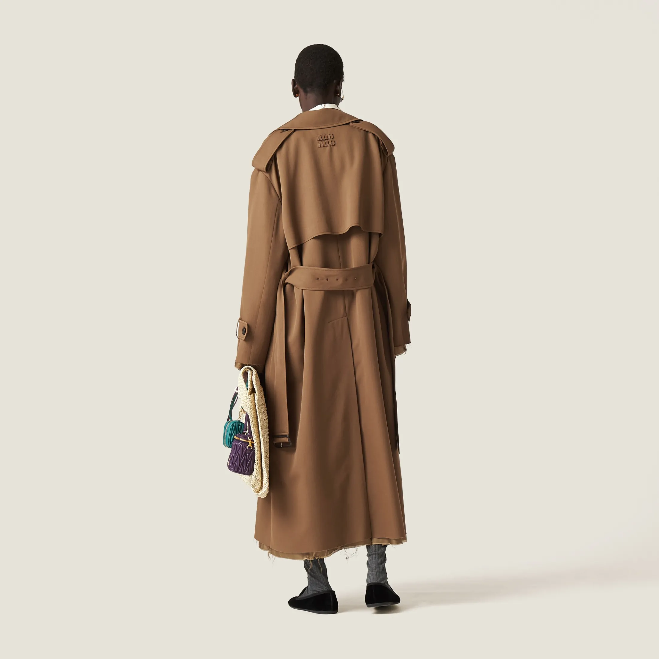 Cork Beige Double-breasted Gabardine Coat | Miu Miu