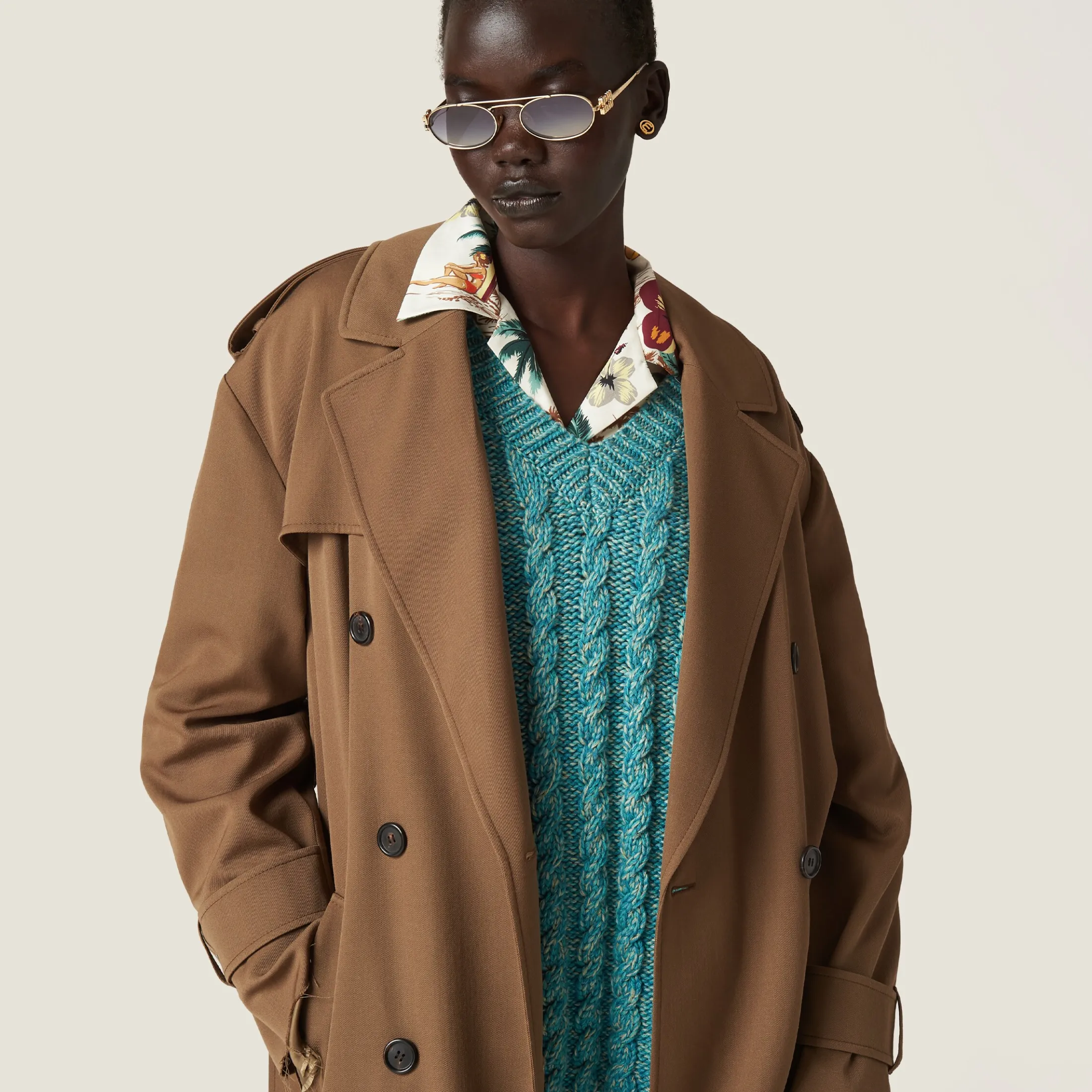 Cork Beige Double-breasted Gabardine Coat | Miu Miu