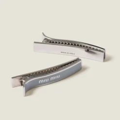 Cornflower Blue Enameled Metal Hair Clips | Miu Miu