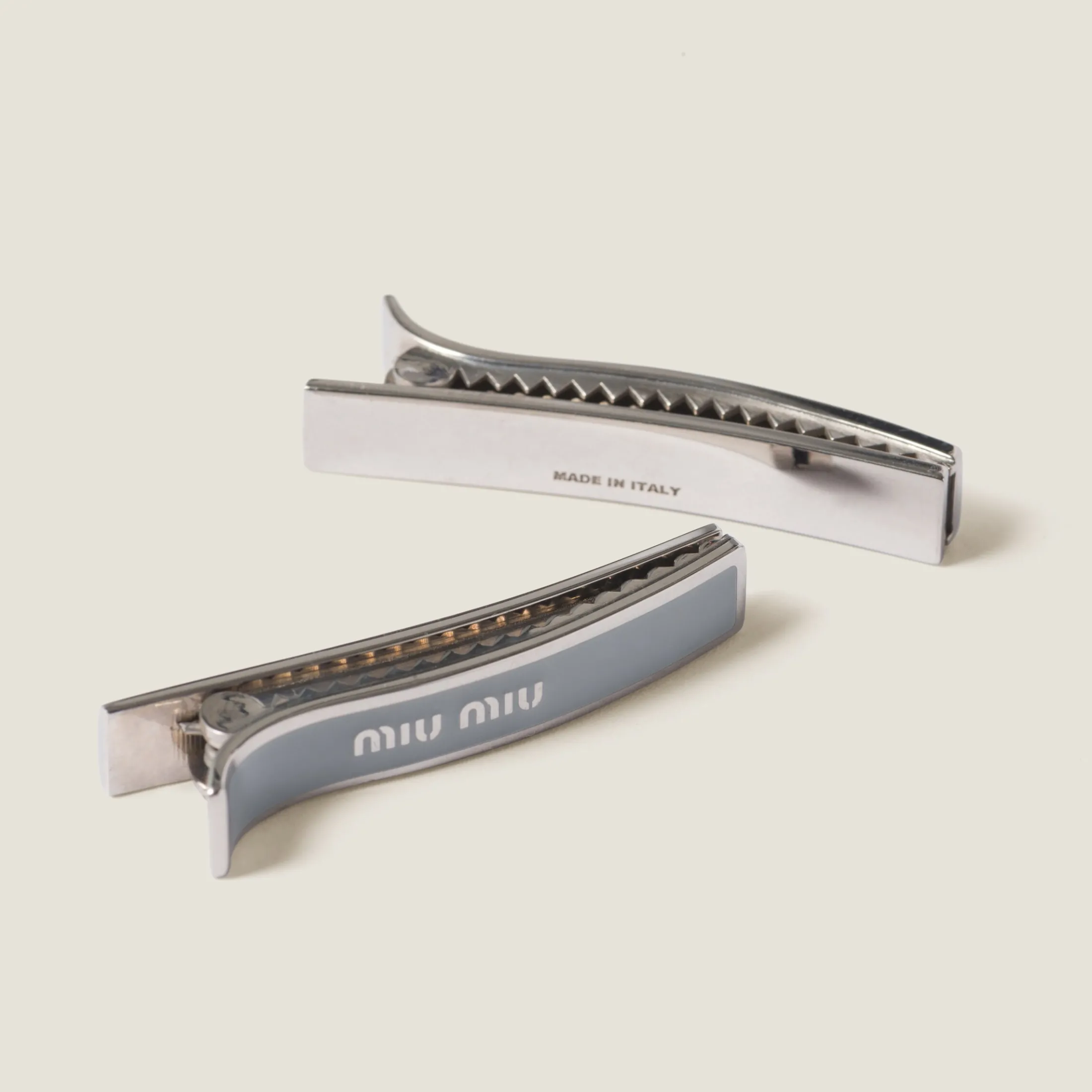 Cornflower Blue Enameled Metal Hair Clips | Miu Miu