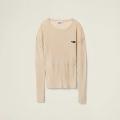 Desert Beige Garment-dyed Ribbed Jersey Knit Dress | Miu Miu
