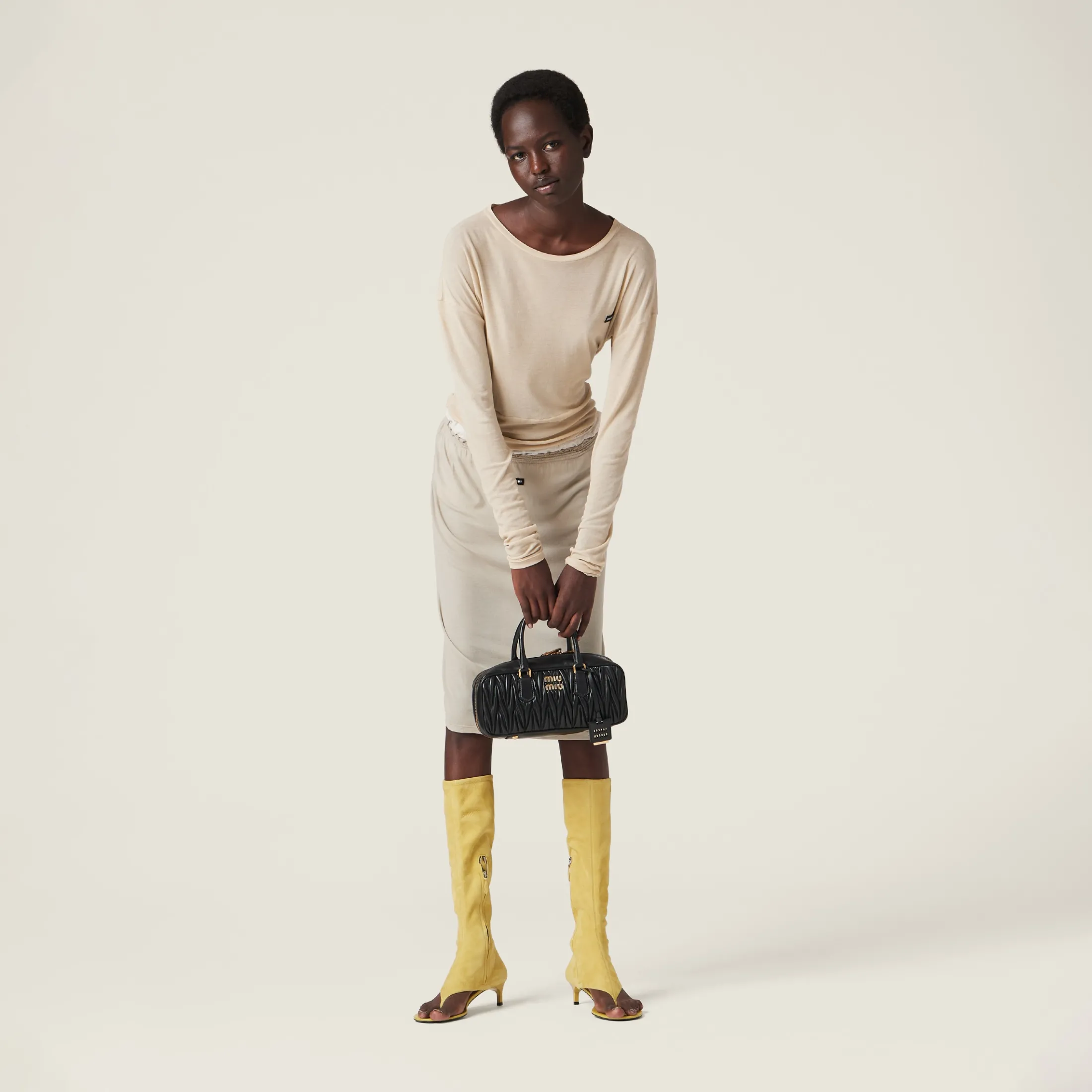 Desert Beige Garment-dyed Ribbed Jersey Knit Dress | Miu Miu
