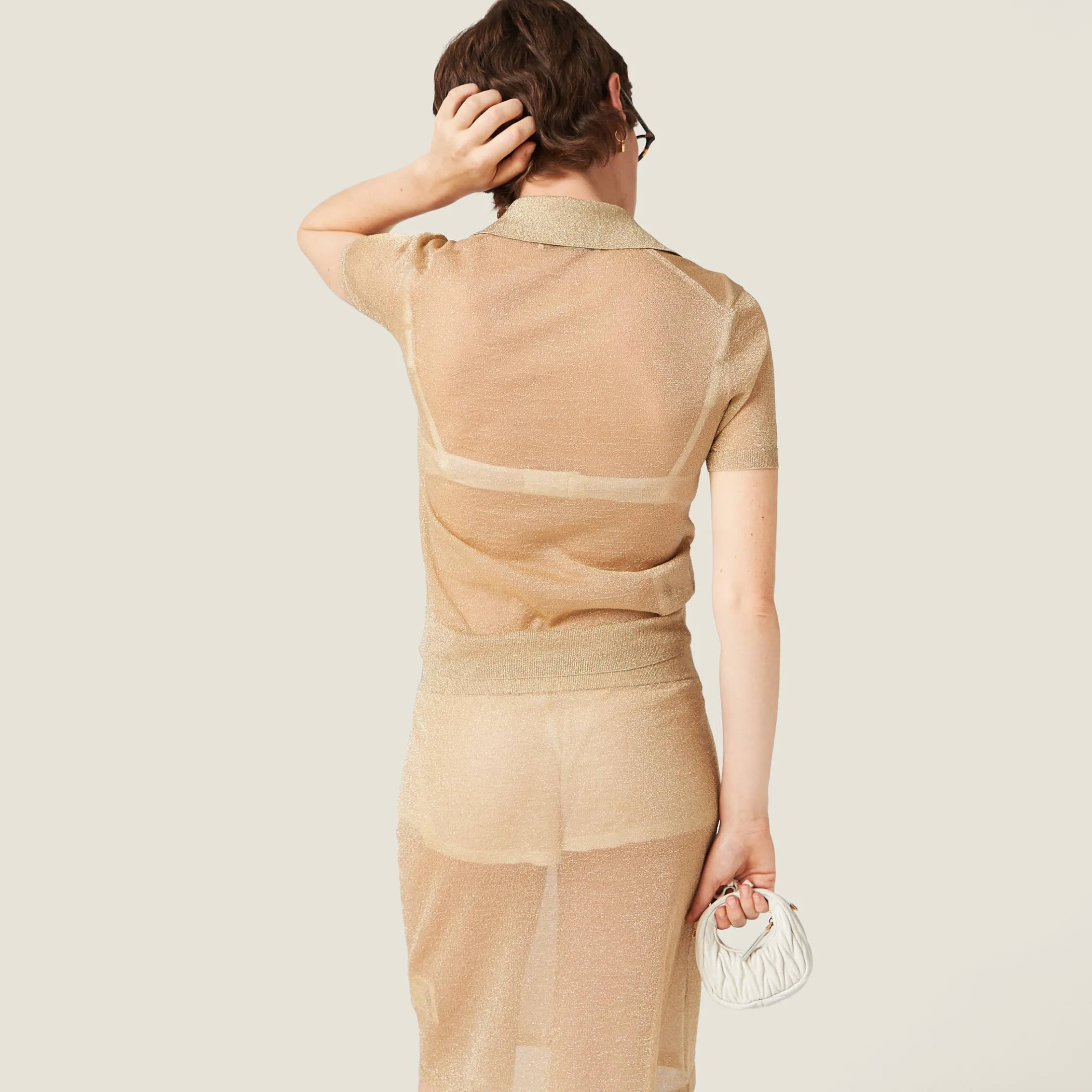 Gold Lamé Knit Polo Shirt | Miu Miu