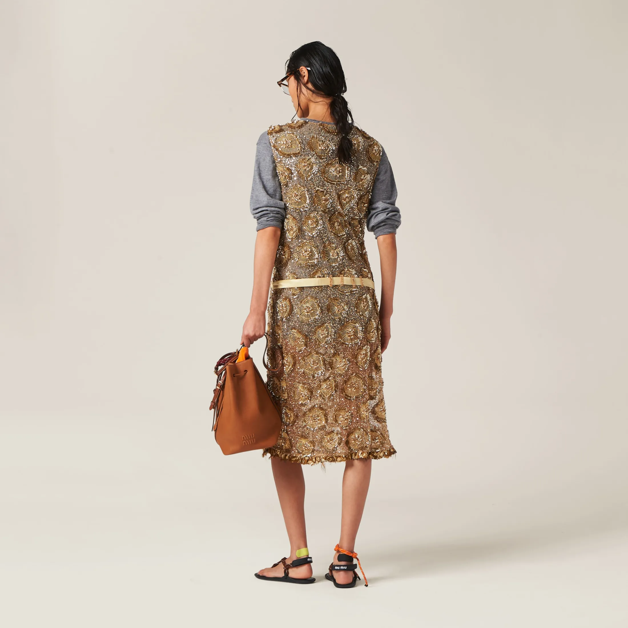 Gold Tulle Dress With Floral Embroidery | Miu Miu