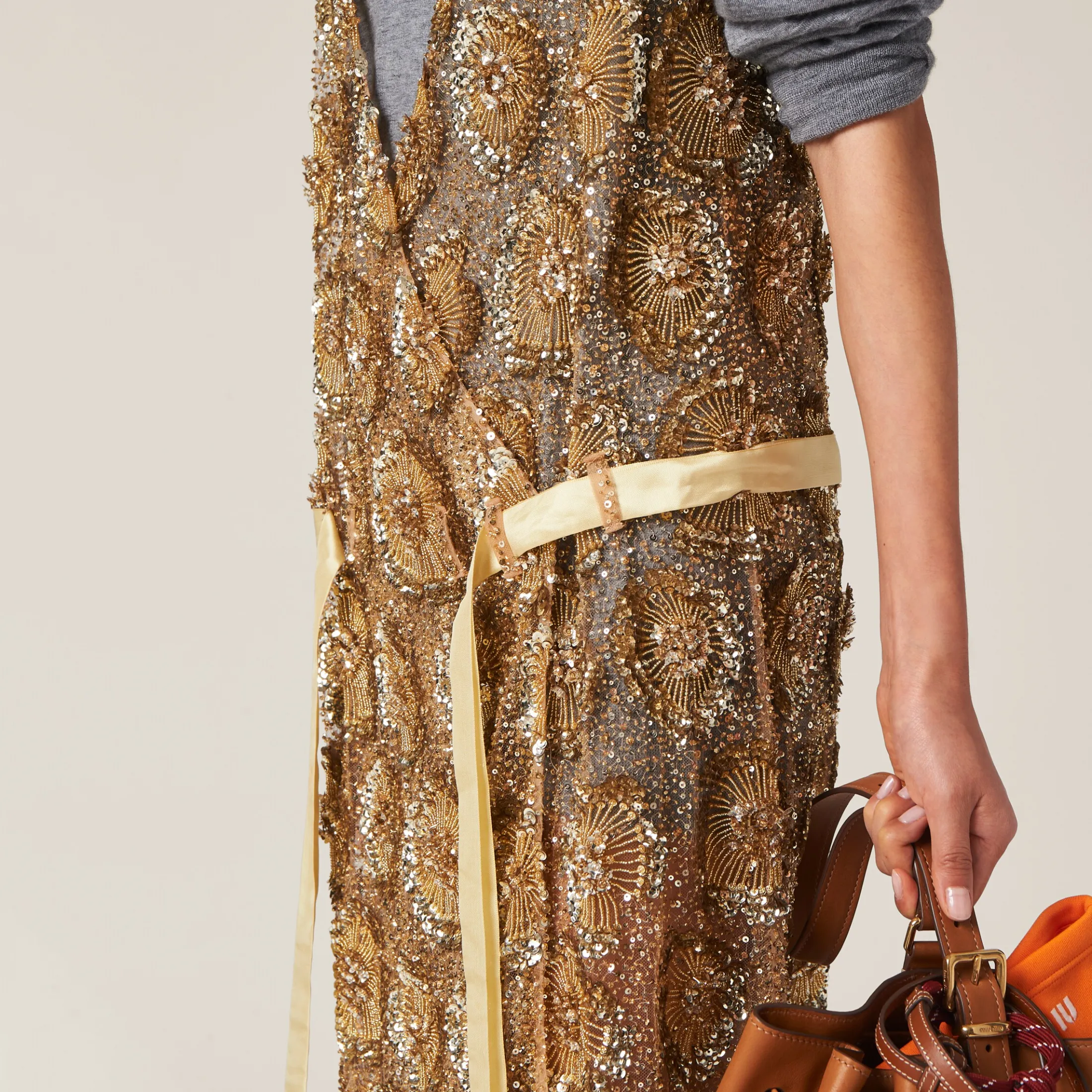 Gold Tulle Dress With Floral Embroidery | Miu Miu
