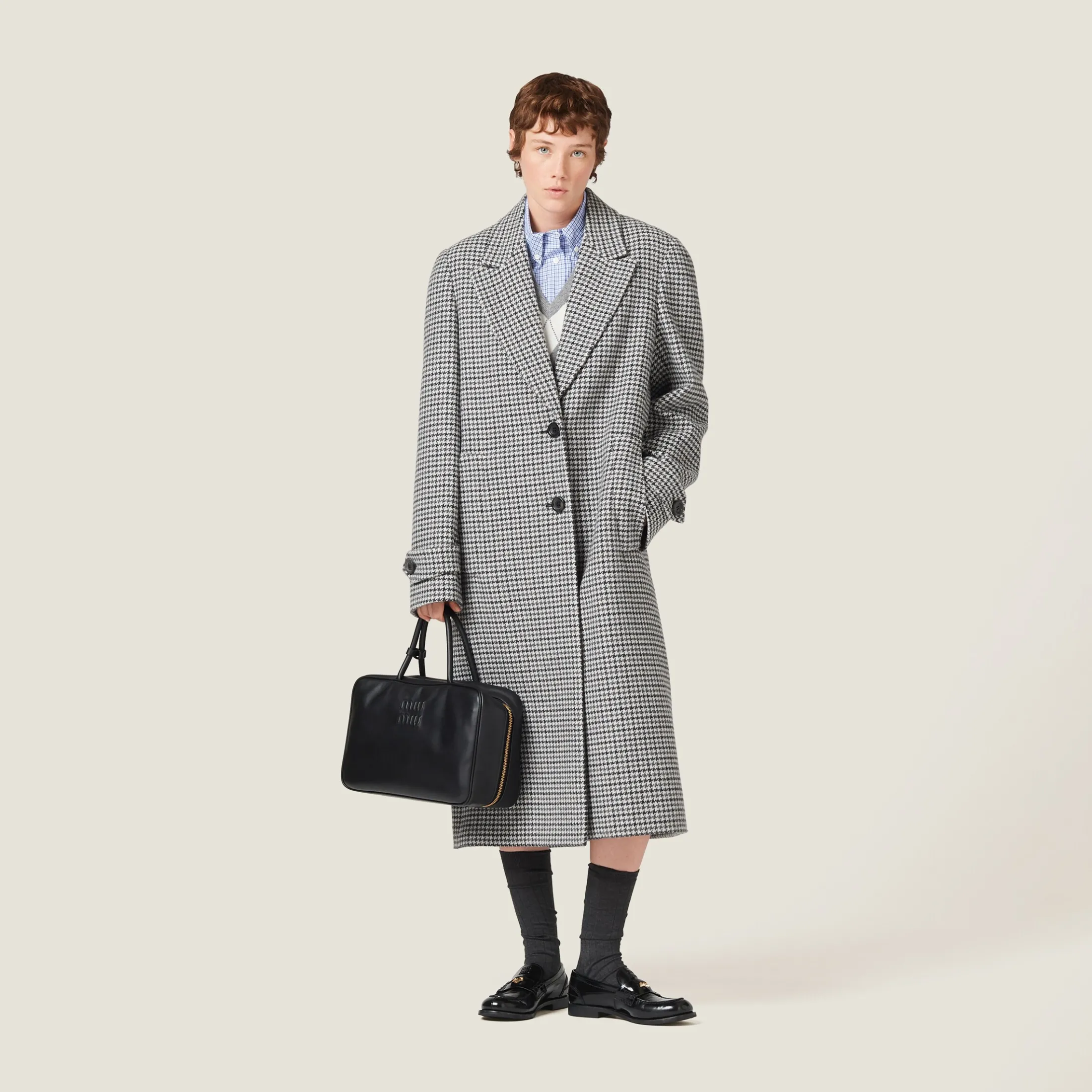 Gray/black Padded Single-breasted Houndstooth Check Coat | Miu Miu