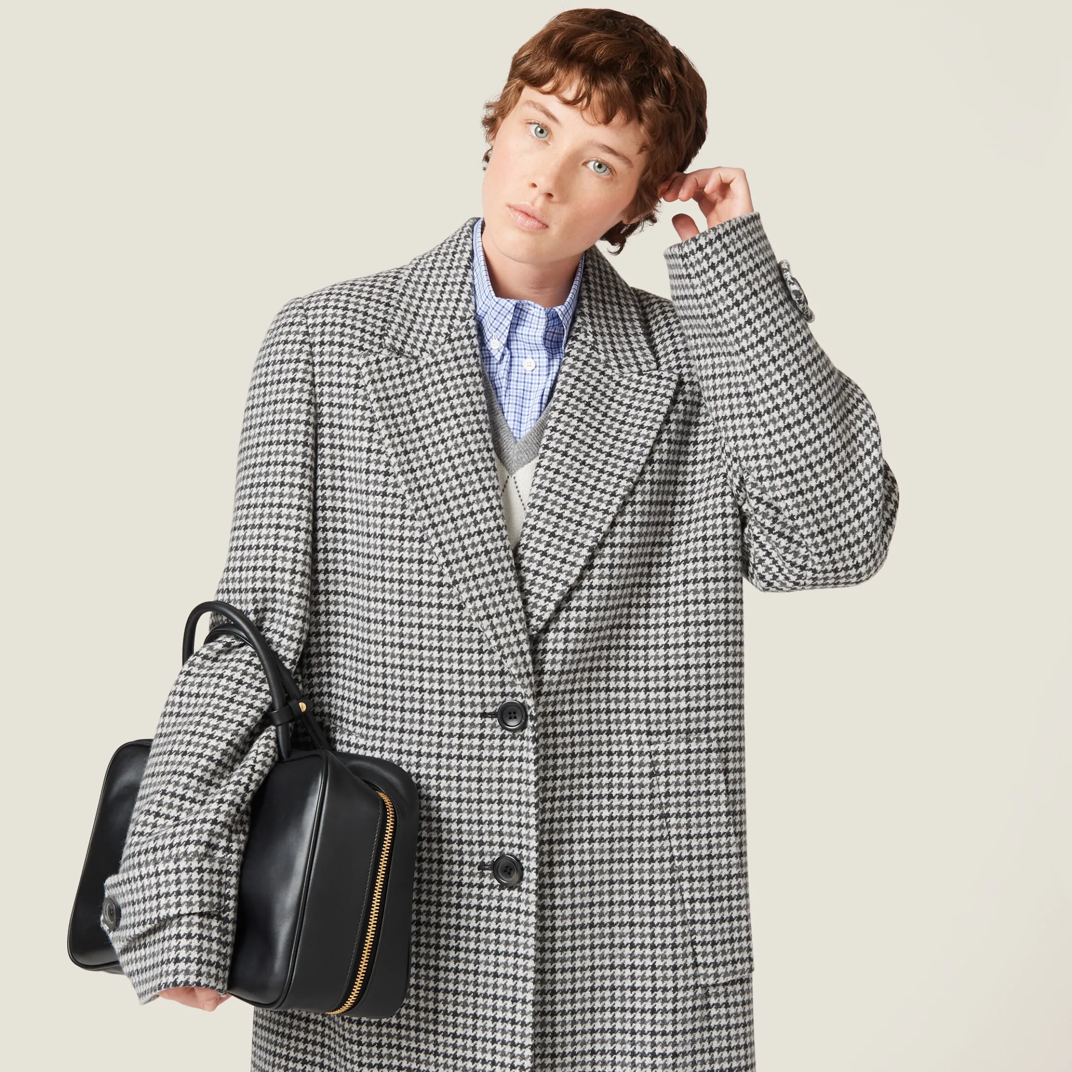 Gray/black Padded Single-breasted Houndstooth Check Coat | Miu Miu