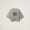 Grey Cotton T-shirt With Embroidered Logo | Miu Miu