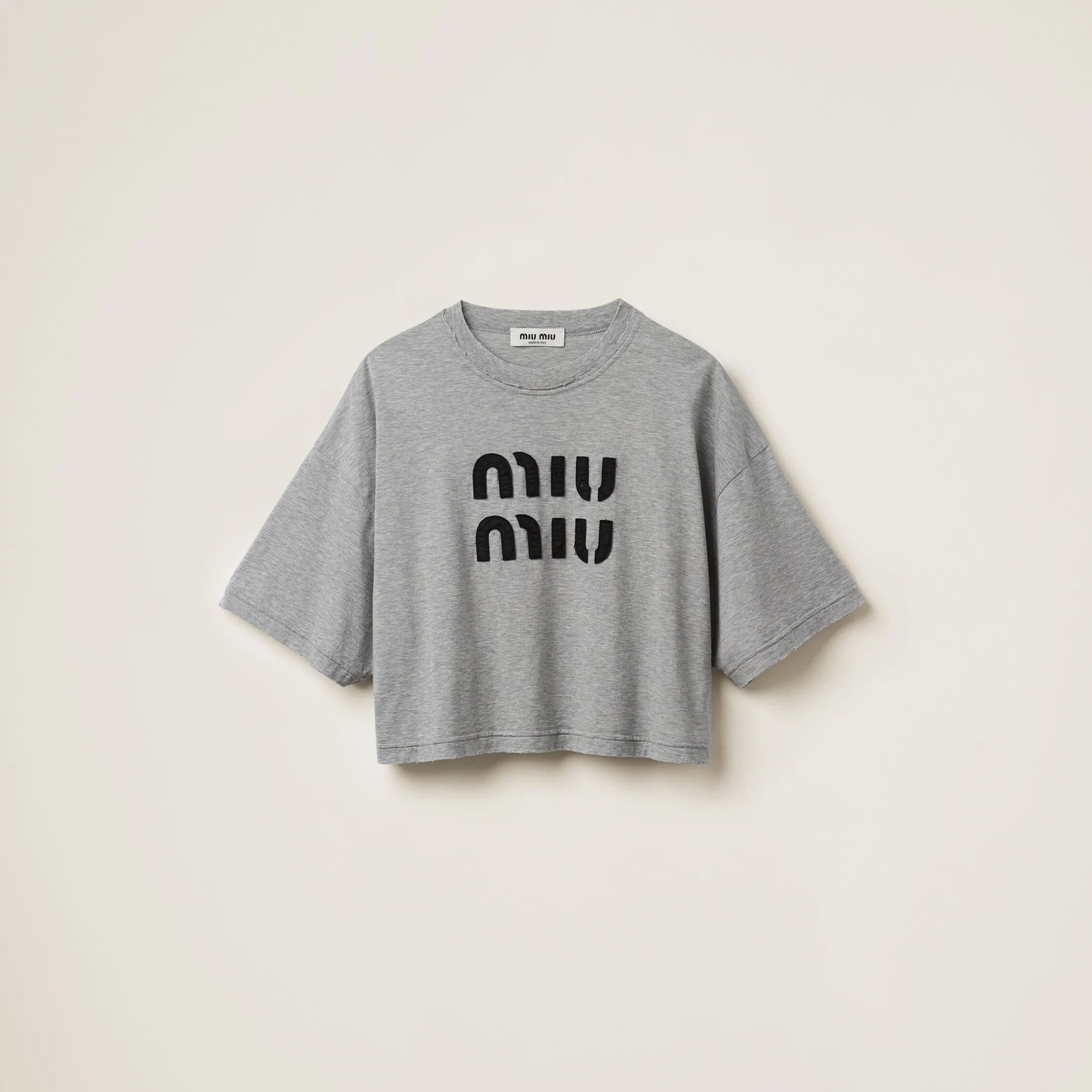 Grey Cotton T-shirt With Embroidered Logo | Miu Miu