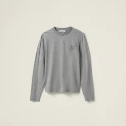 Grey Cotton T-shirt With Embroidered Logo | Miu Miu