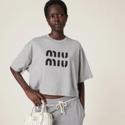 Grey Cotton T-shirt With Embroidered Logo | Miu Miu