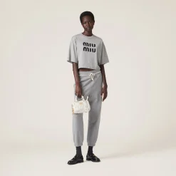 Grey Cotton T-shirt With Embroidered Logo | Miu Miu