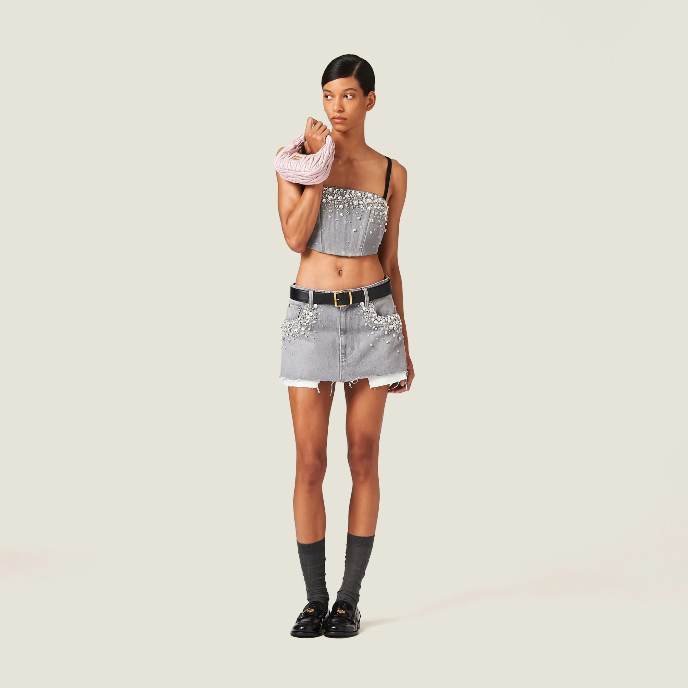 Grey Denim Miniskirt | Miu Miu