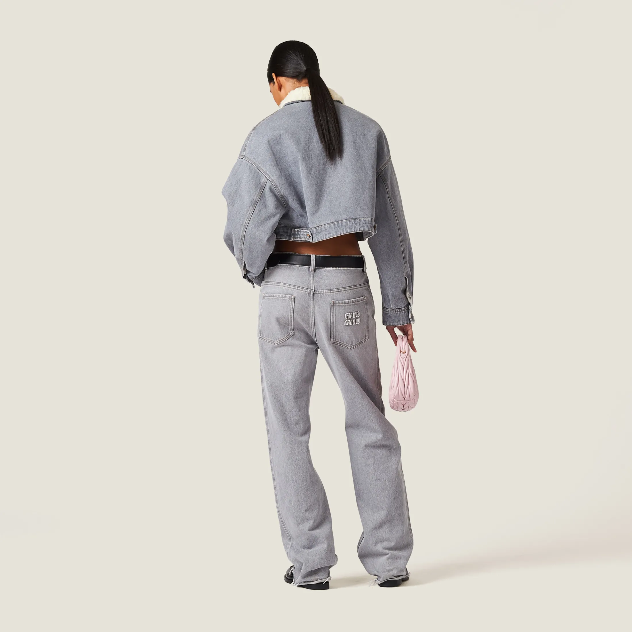 Grey Embroidered Denim Blouson Jacket | Miu Miu