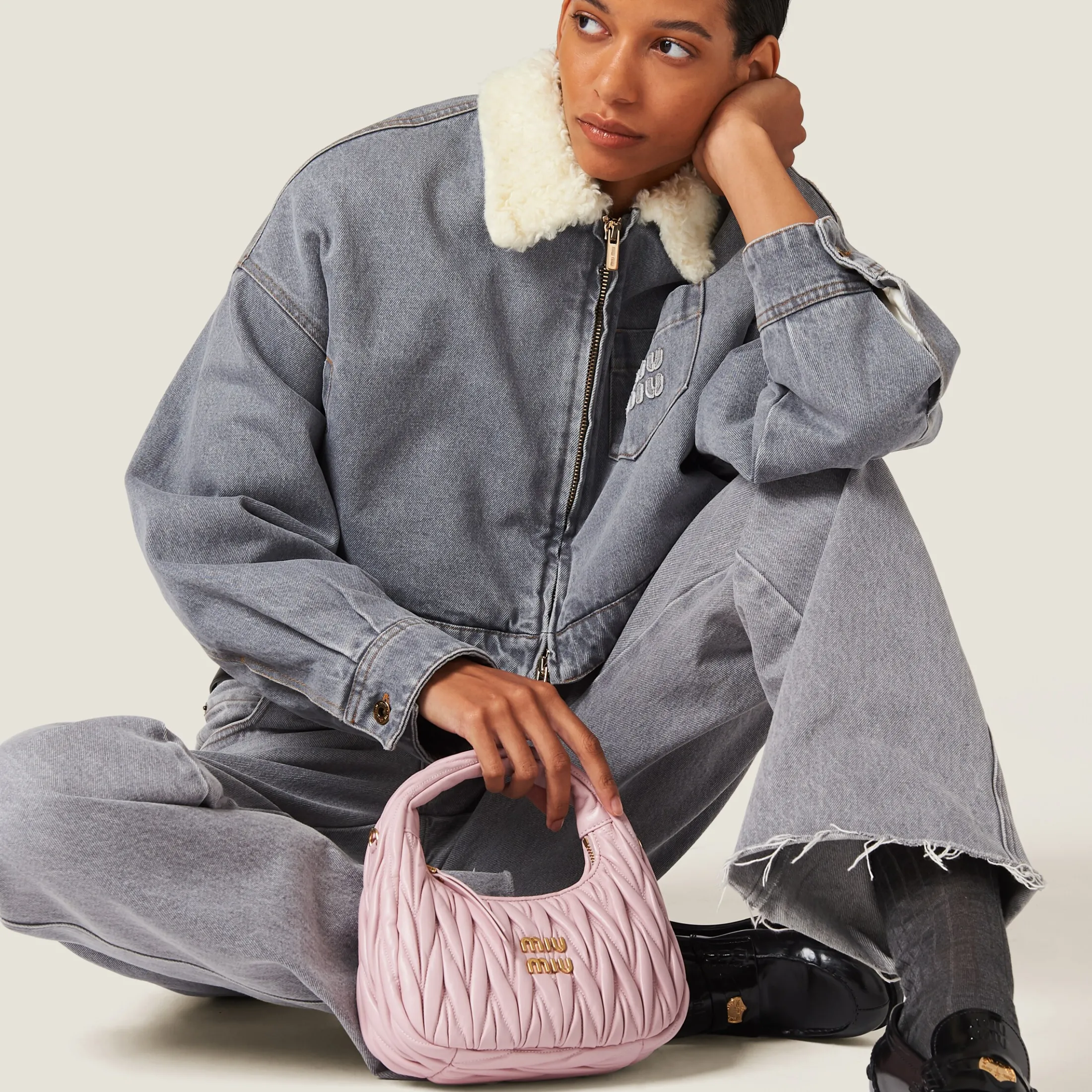 Grey Embroidered Denim Blouson Jacket | Miu Miu