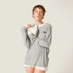 Grey Long-sleeved Ribbed Jersey T-shirt | Miu Miu