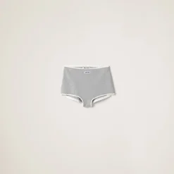 Grey Ribbed Knit Panties With Logo | Miu Miu
