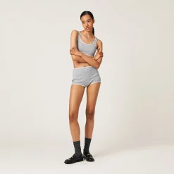Grey Ribbed Knit Panties With Logo | Miu Miu