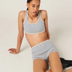 Grey Ribbed Knit Panties With Logo | Miu Miu