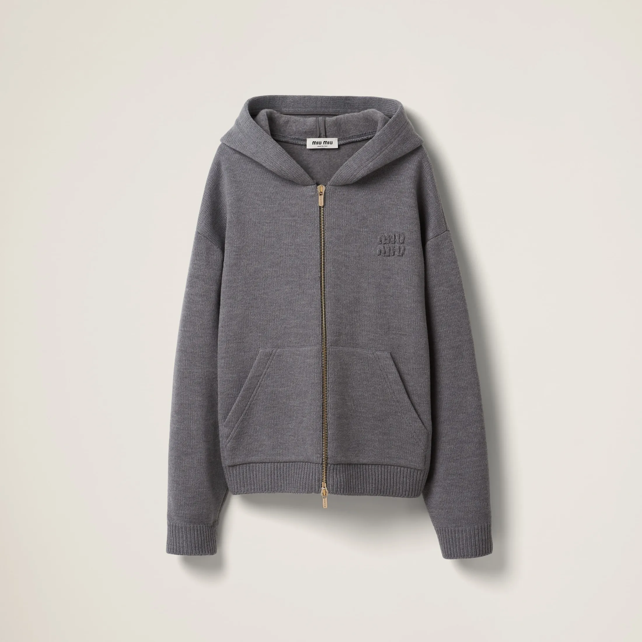 Grey Wool And Nylon Knit Hoodie | Miu Miu