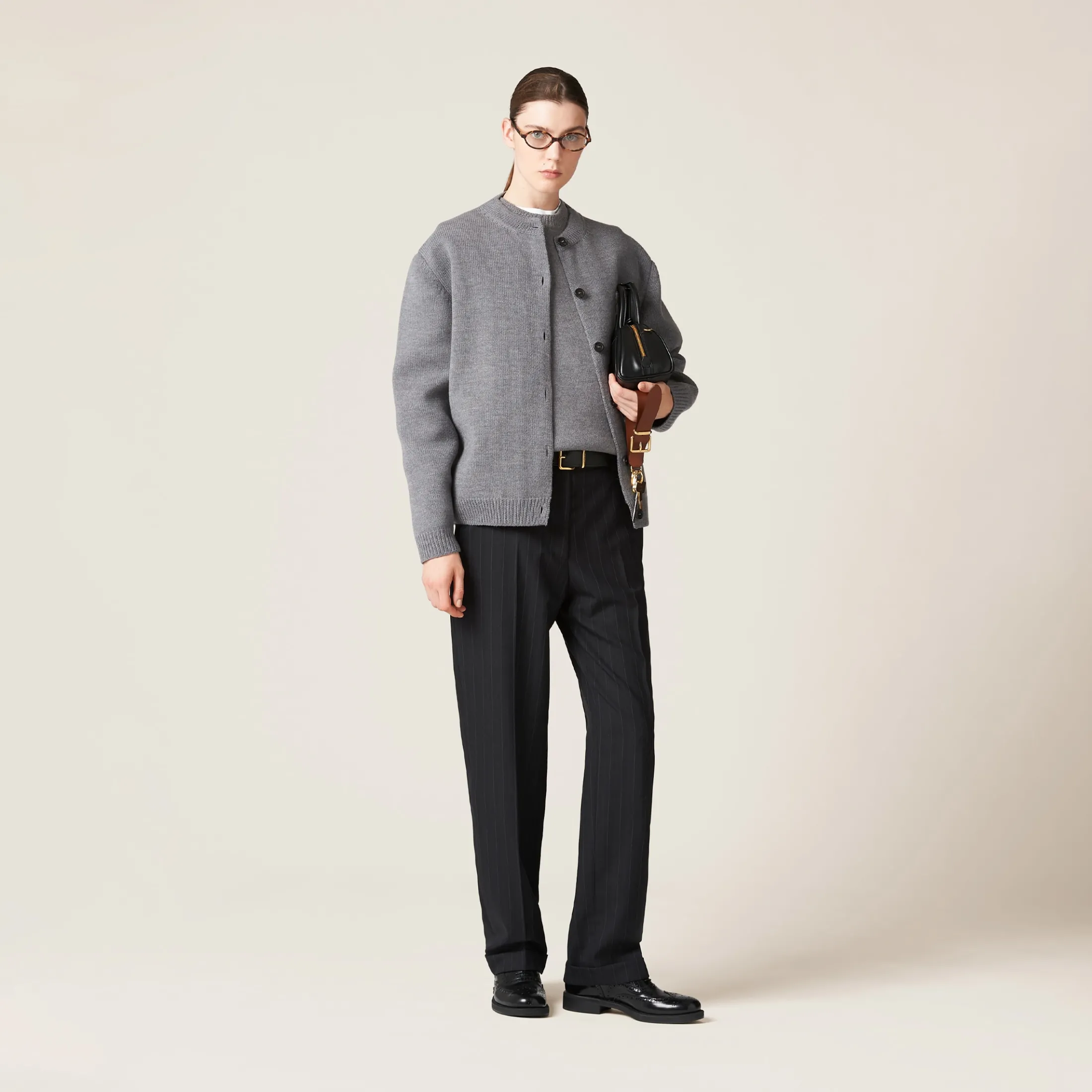 Grey Wool And Nylon Knit Cardigan | Miu Miu