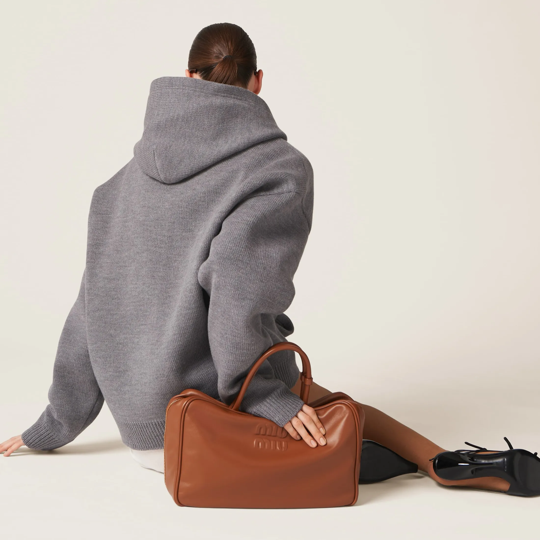 Grey Wool And Nylon Knit Hoodie | Miu Miu