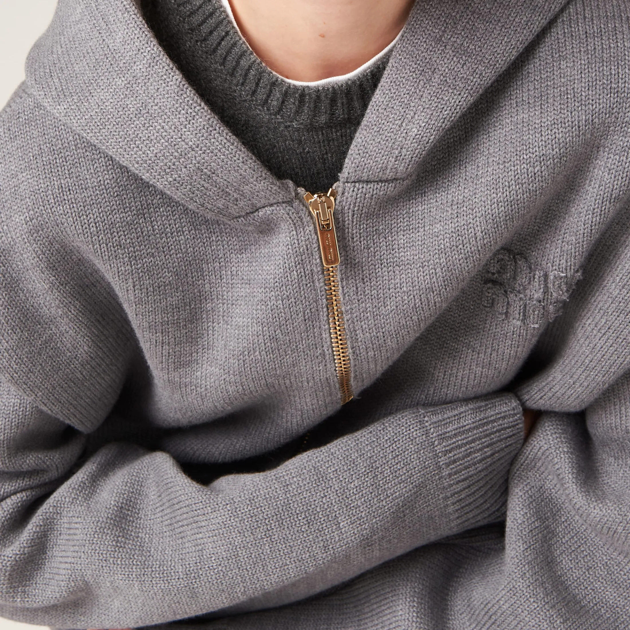 Grey Wool And Nylon Knit Hoodie | Miu Miu