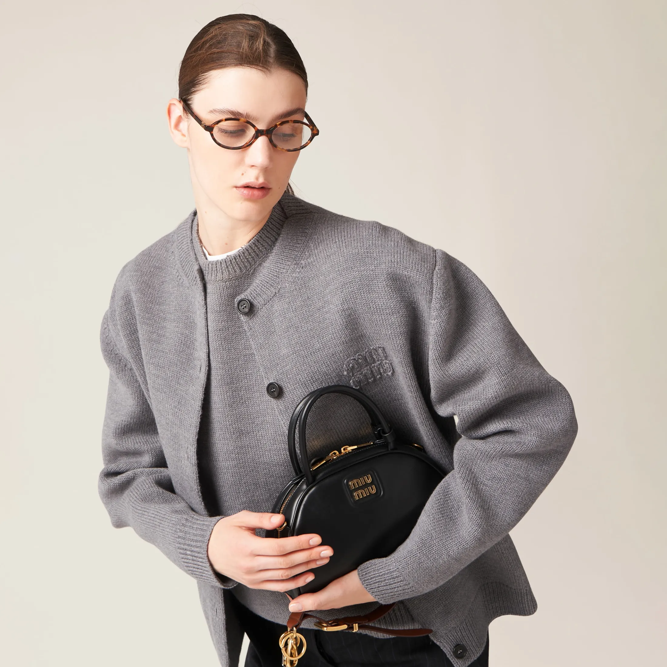 Grey Wool And Nylon Knit Cardigan | Miu Miu