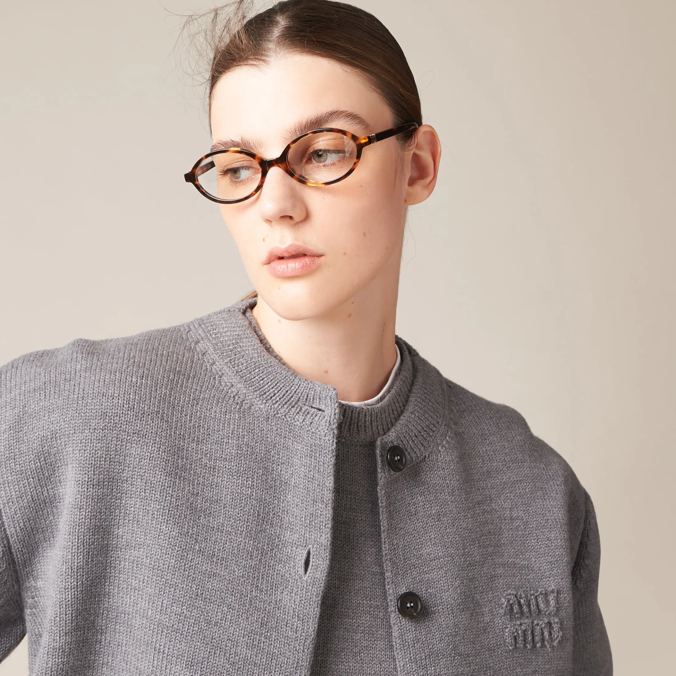 Grey Wool And Nylon Knit Cardigan | Miu Miu