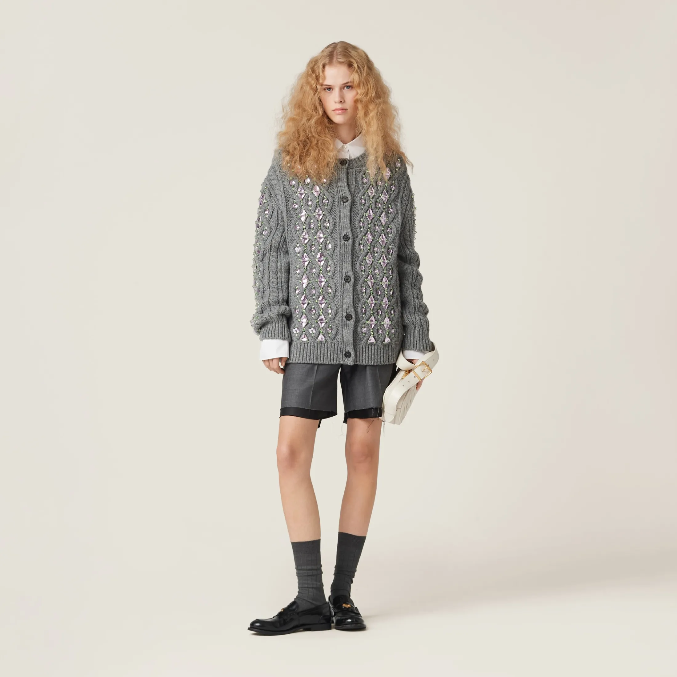 Grey Wool Knit Cardigan | Miu Miu
