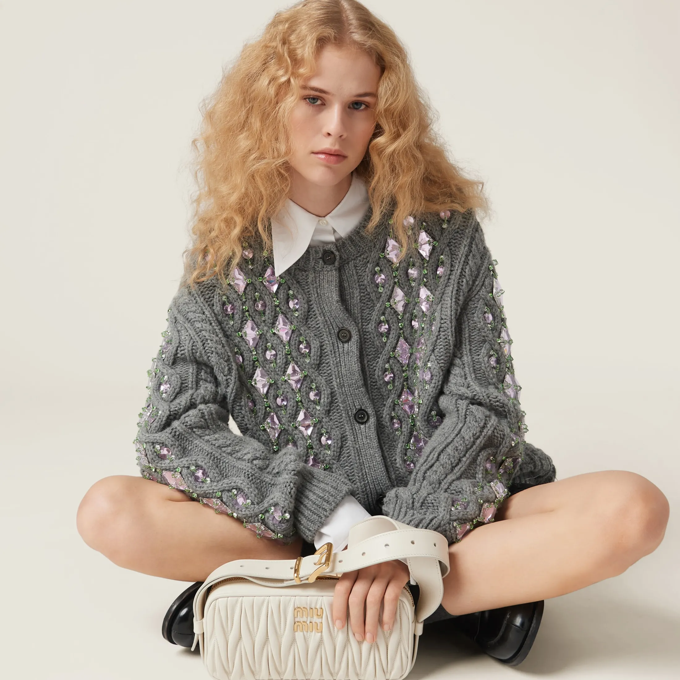 Grey Wool Knit Cardigan | Miu Miu