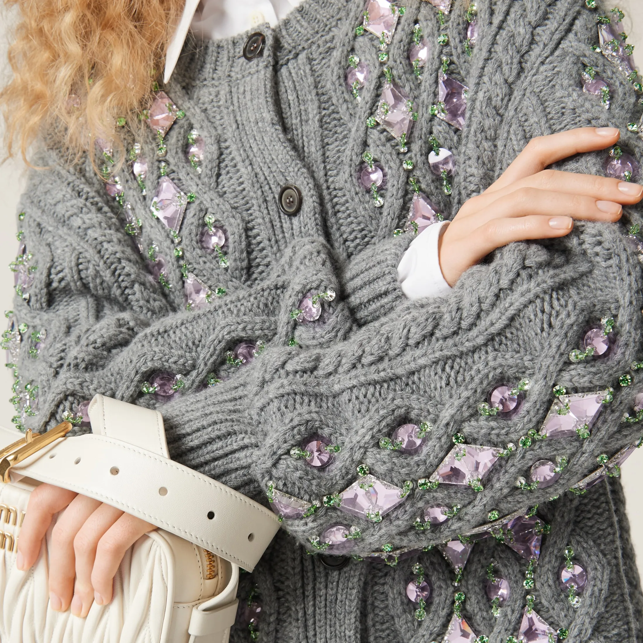 Grey Wool Knit Cardigan | Miu Miu