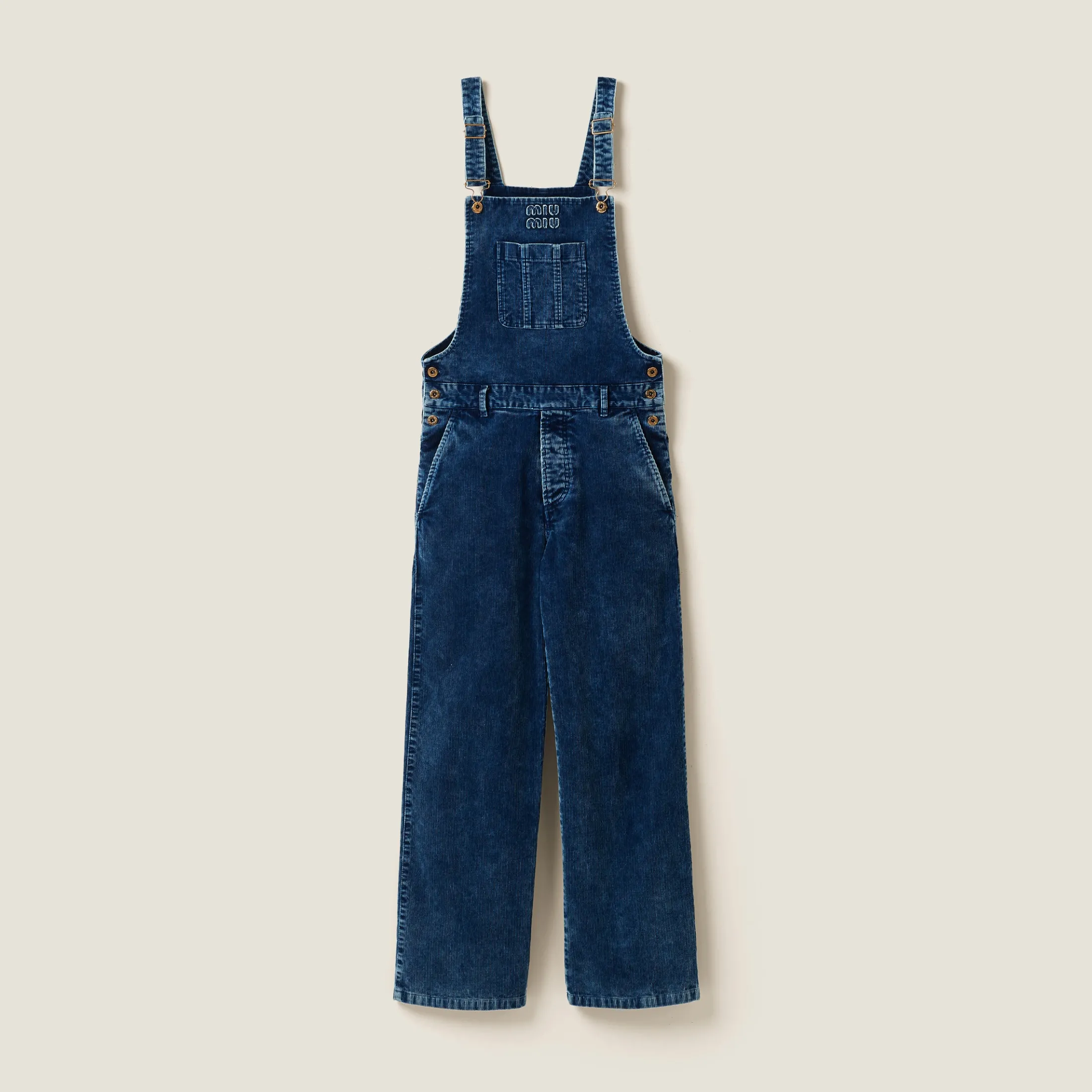 Indigo Blue Long Washed Velvet Overalls | Miu Miu