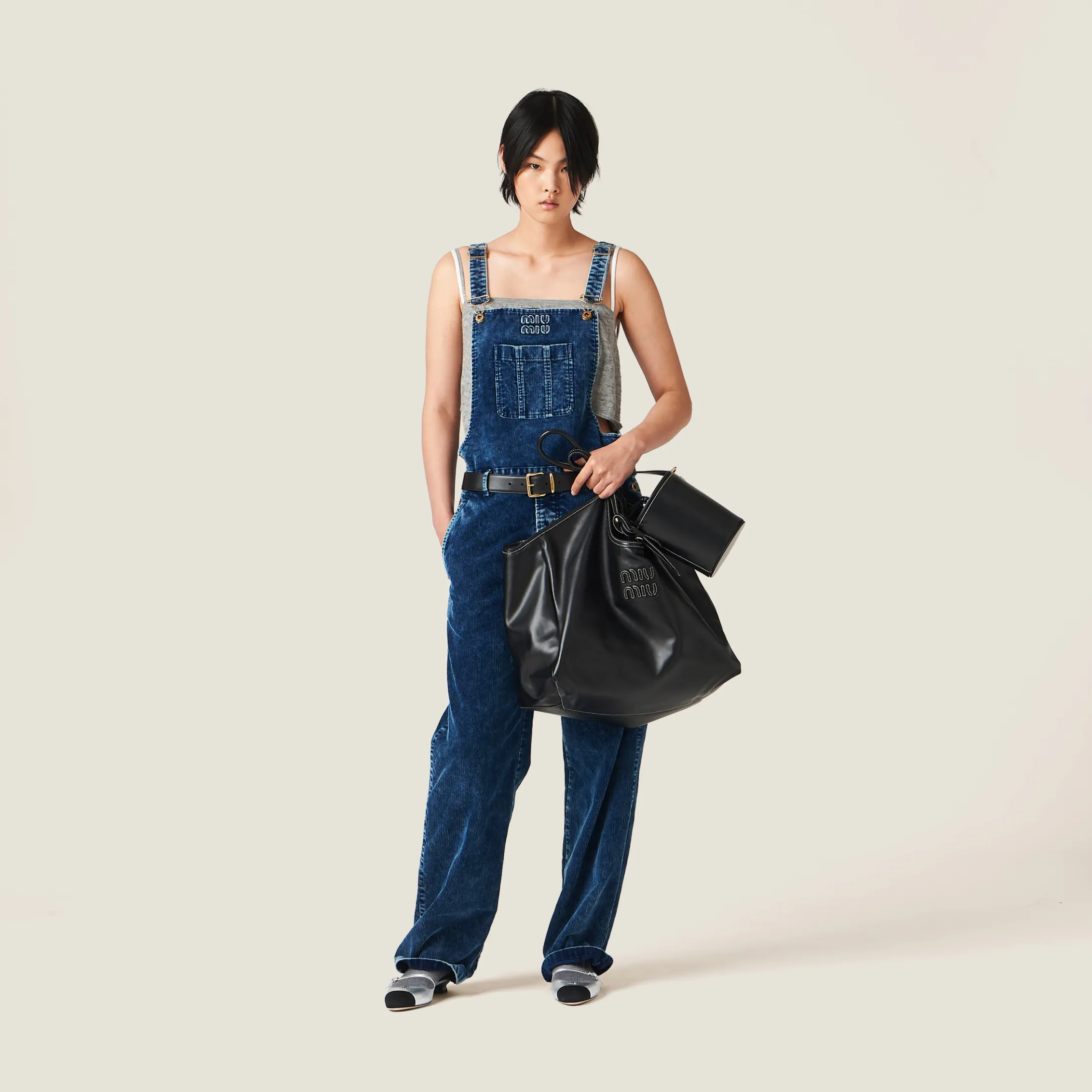 Indigo Blue Long Washed Velvet Overalls | Miu Miu