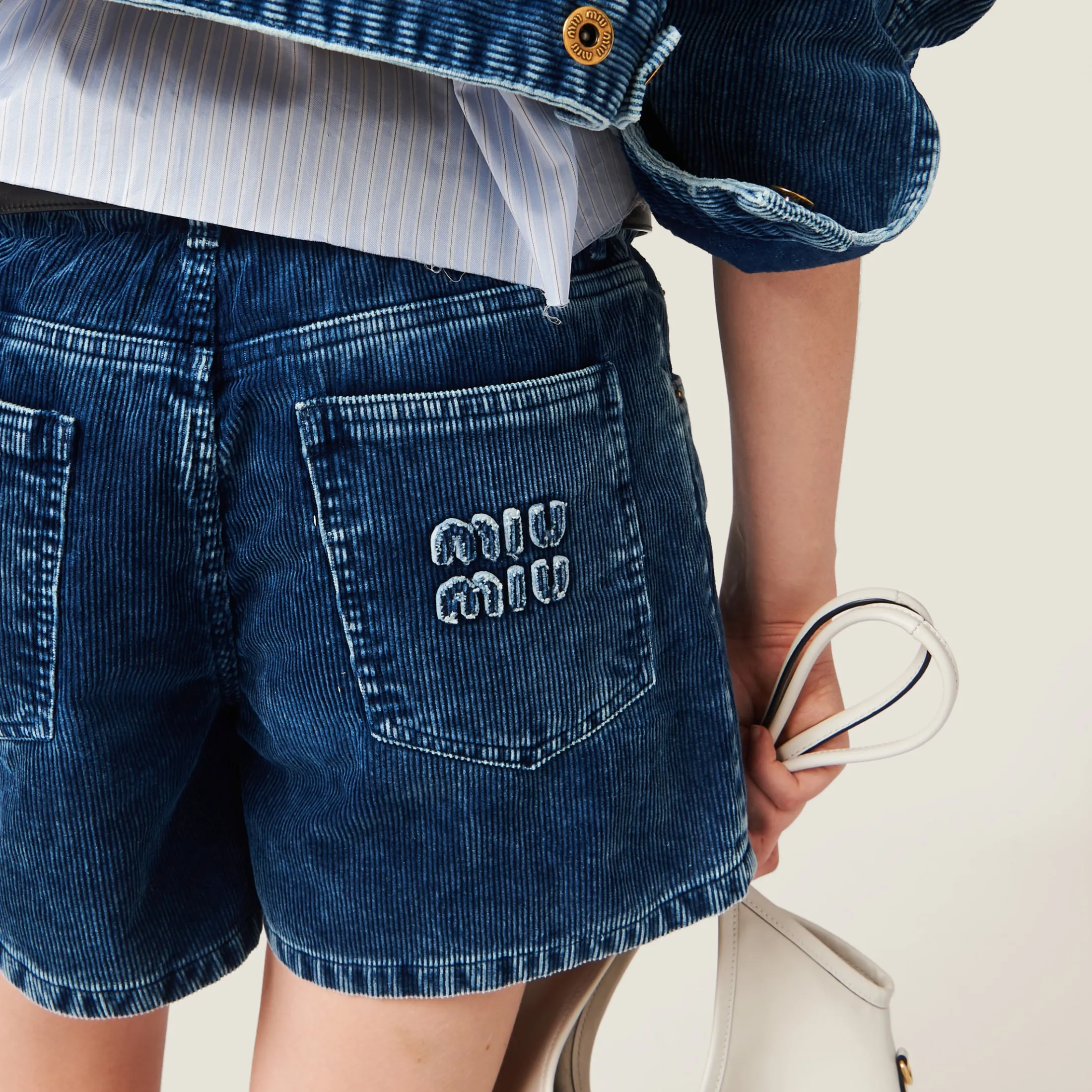 Indigo Blue Washed Corduroy Bermudas | Miu Miu