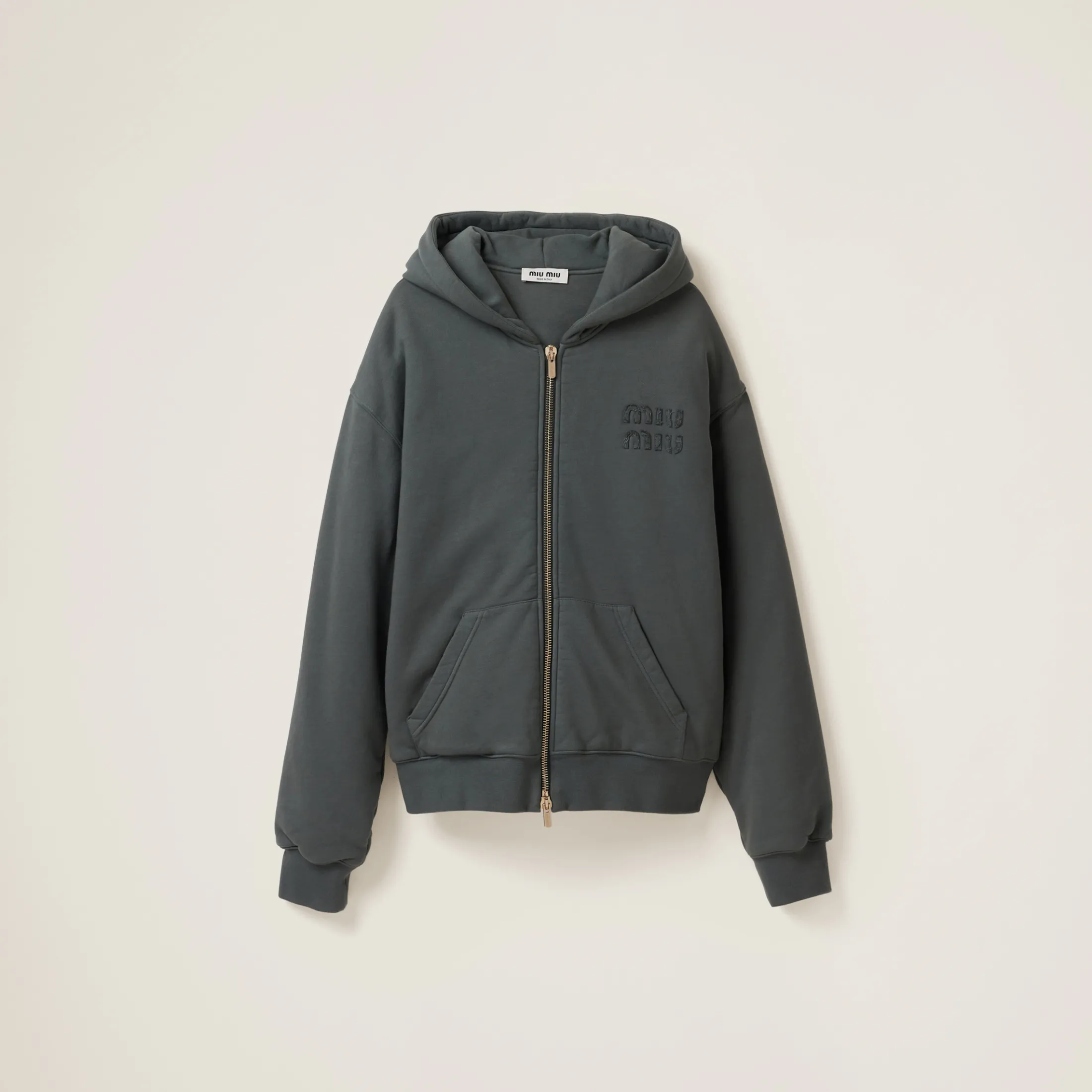 Iron Gray Garment Dyed Cotton Fleece Hoodie | Miu Miu