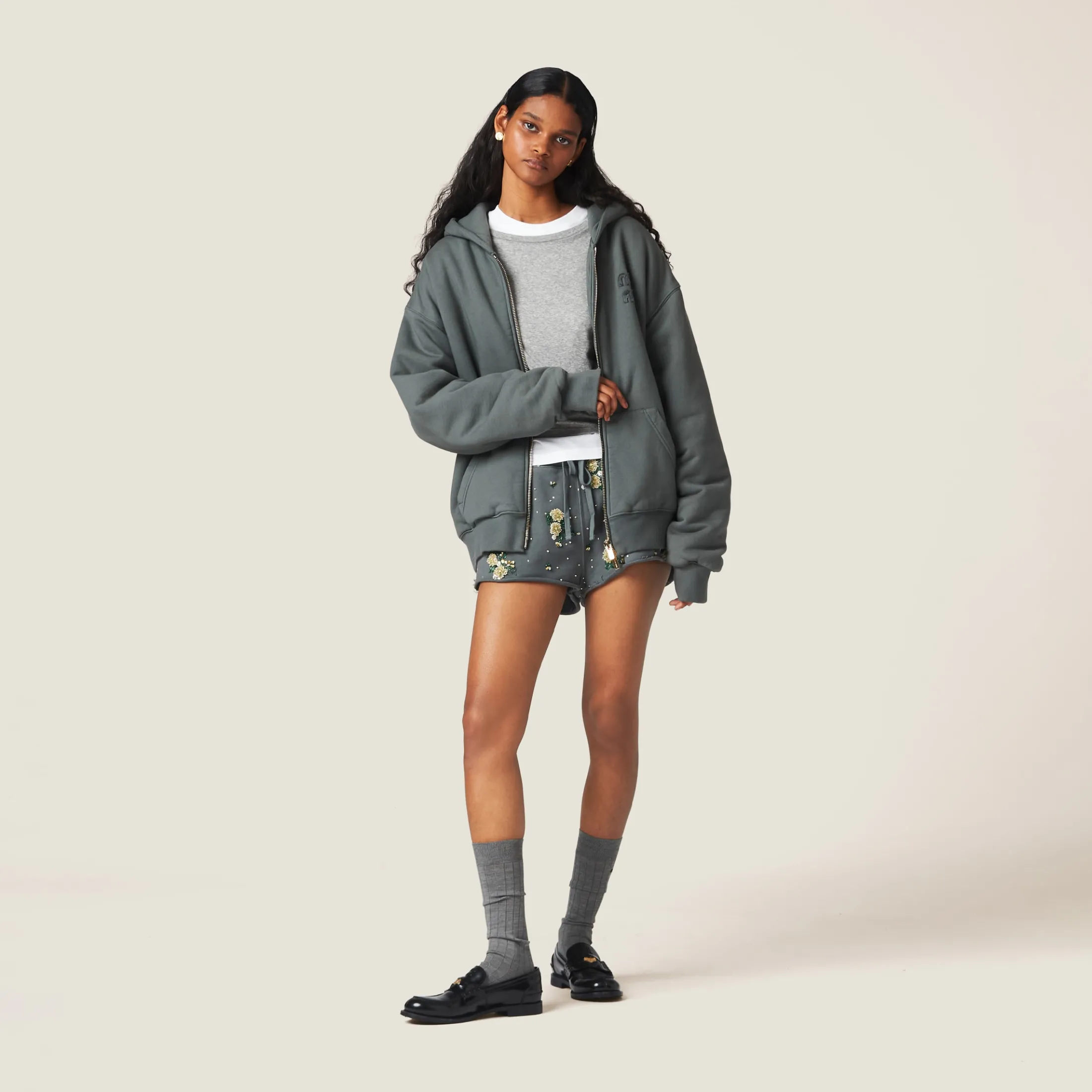 Iron Gray Garment Dyed Cotton Fleece Hoodie | Miu Miu