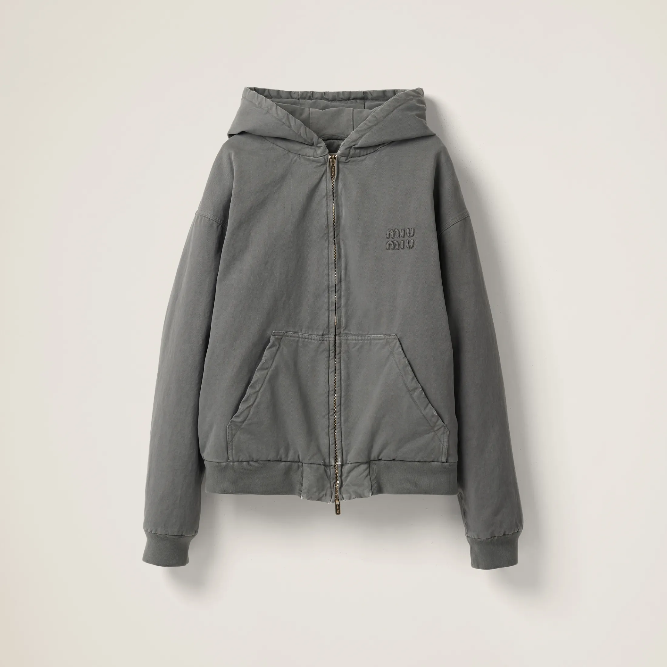 Iron Gray Garment-dyed Blouson Jacket With Embroidered Logo | Miu Miu