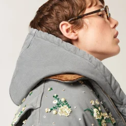 Iron Gray Garment-dyed Blouson Jacket With Embroidered Logo | Miu Miu