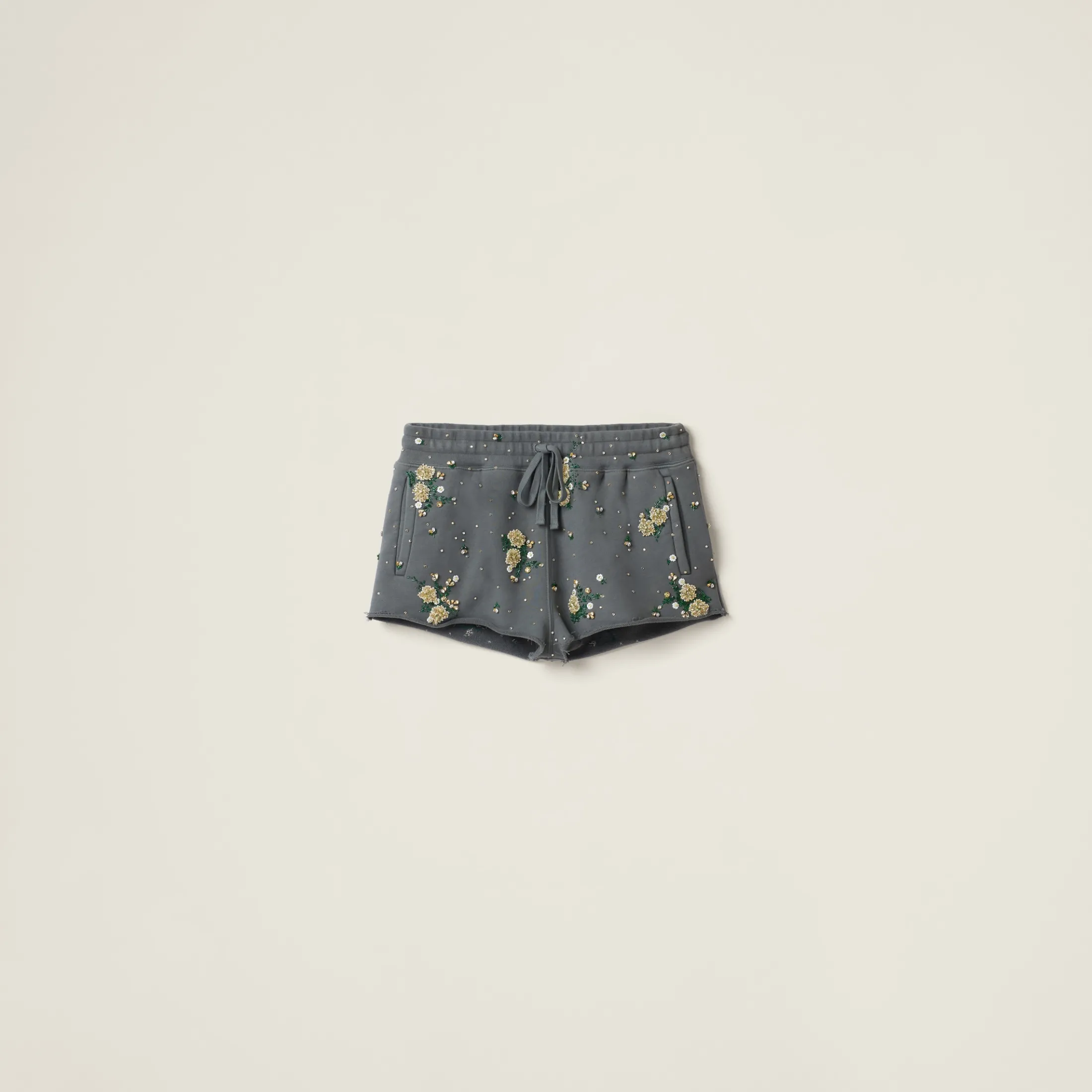 Iron Gray Garment-dyed Cotton Fleece Shorts With Embroidered Logo | Miu Miu