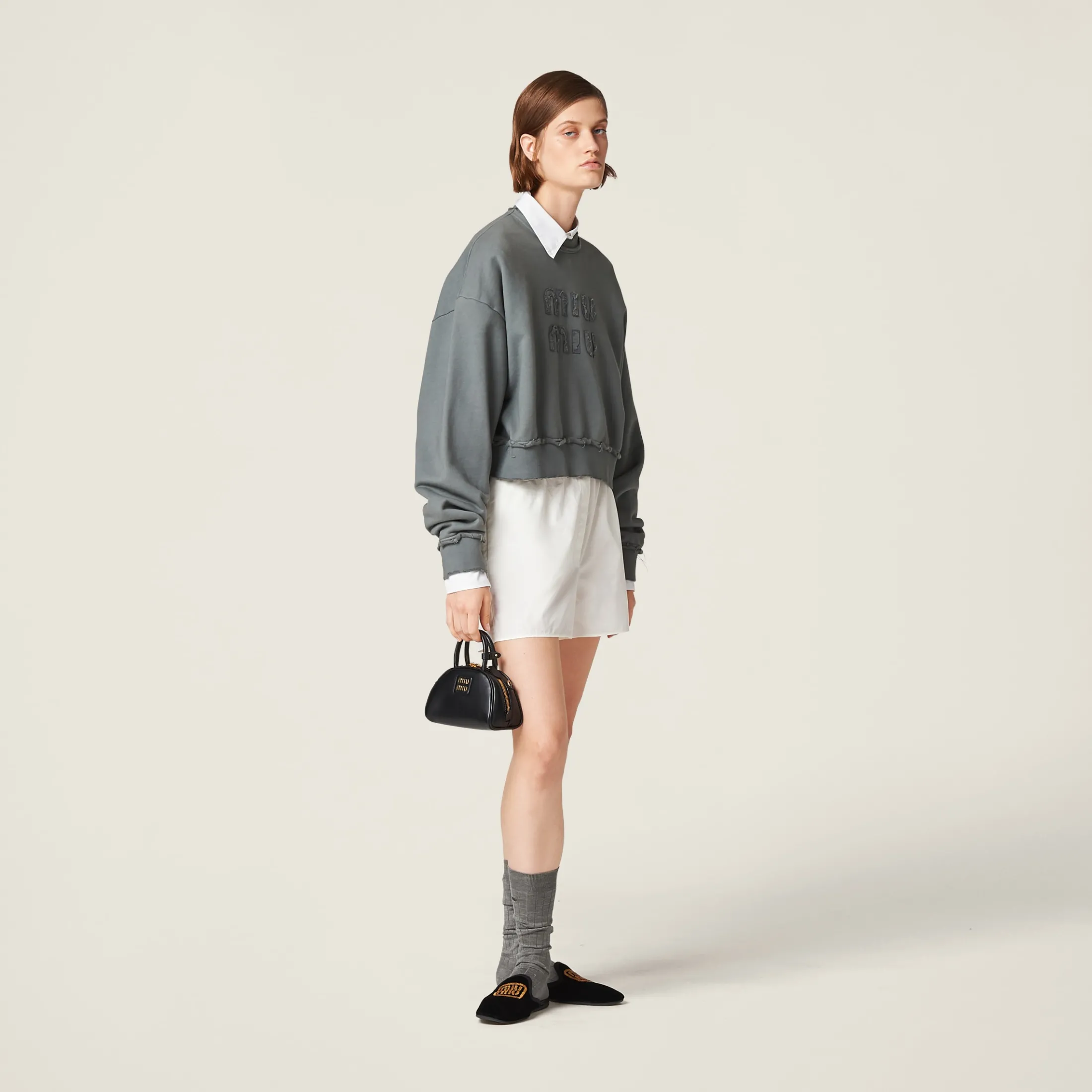 Iron Gray Garment-dyed Cotton Fleece Sweatshirt | Miu Miu