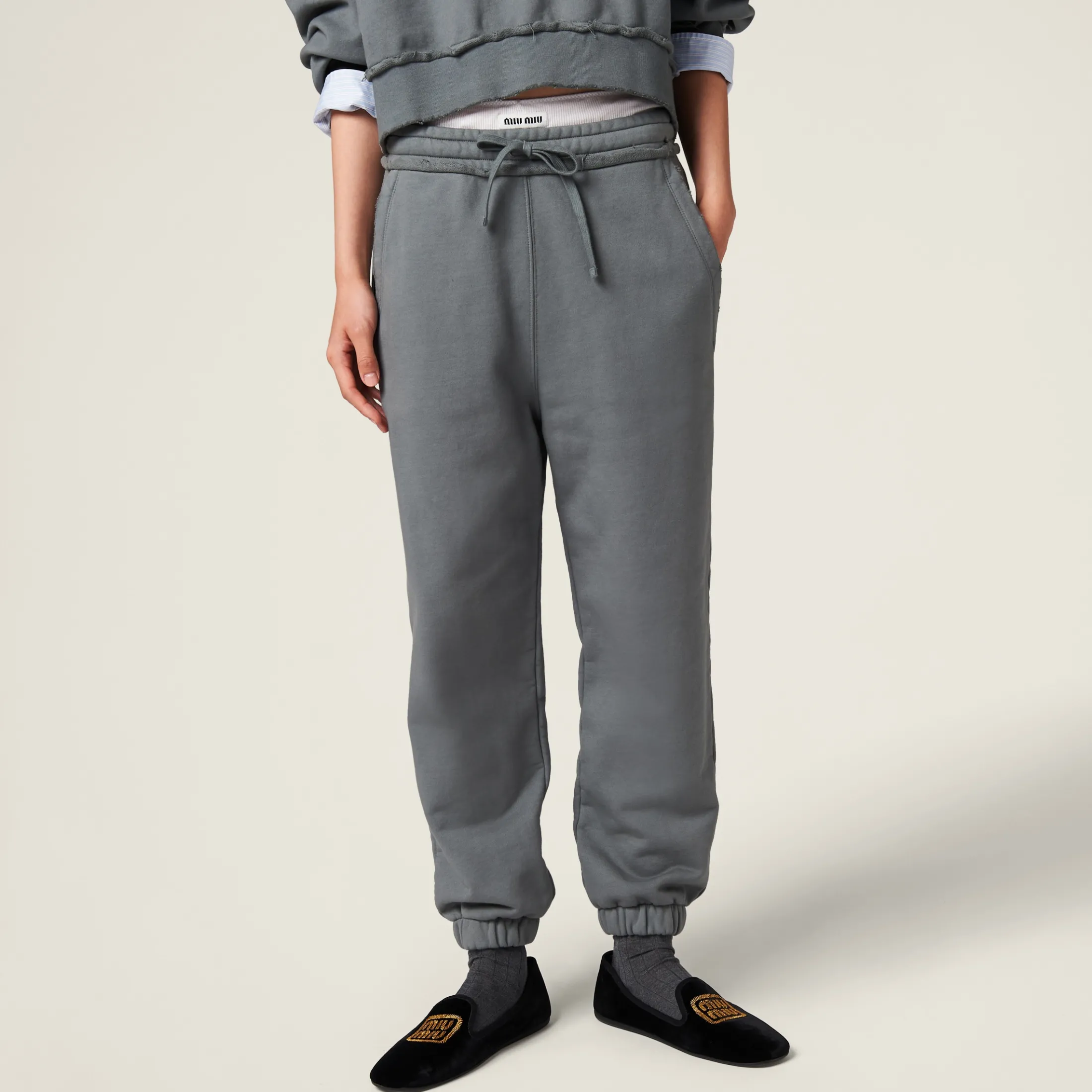 Iron Gray Garment-dyed Cotton Fleece Pants | Miu Miu