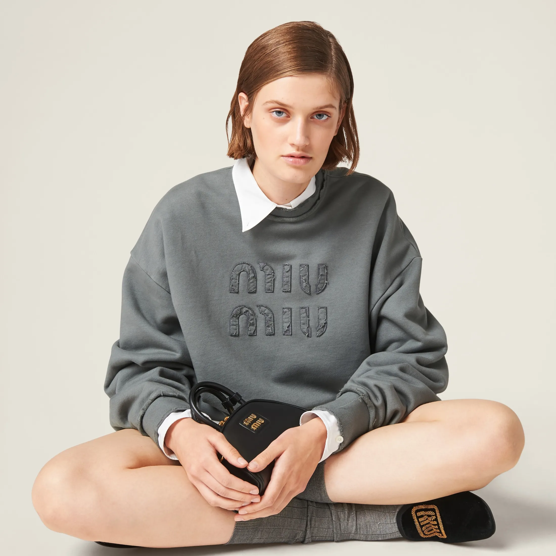 Iron Gray Garment-dyed Cotton Fleece Sweatshirt | Miu Miu