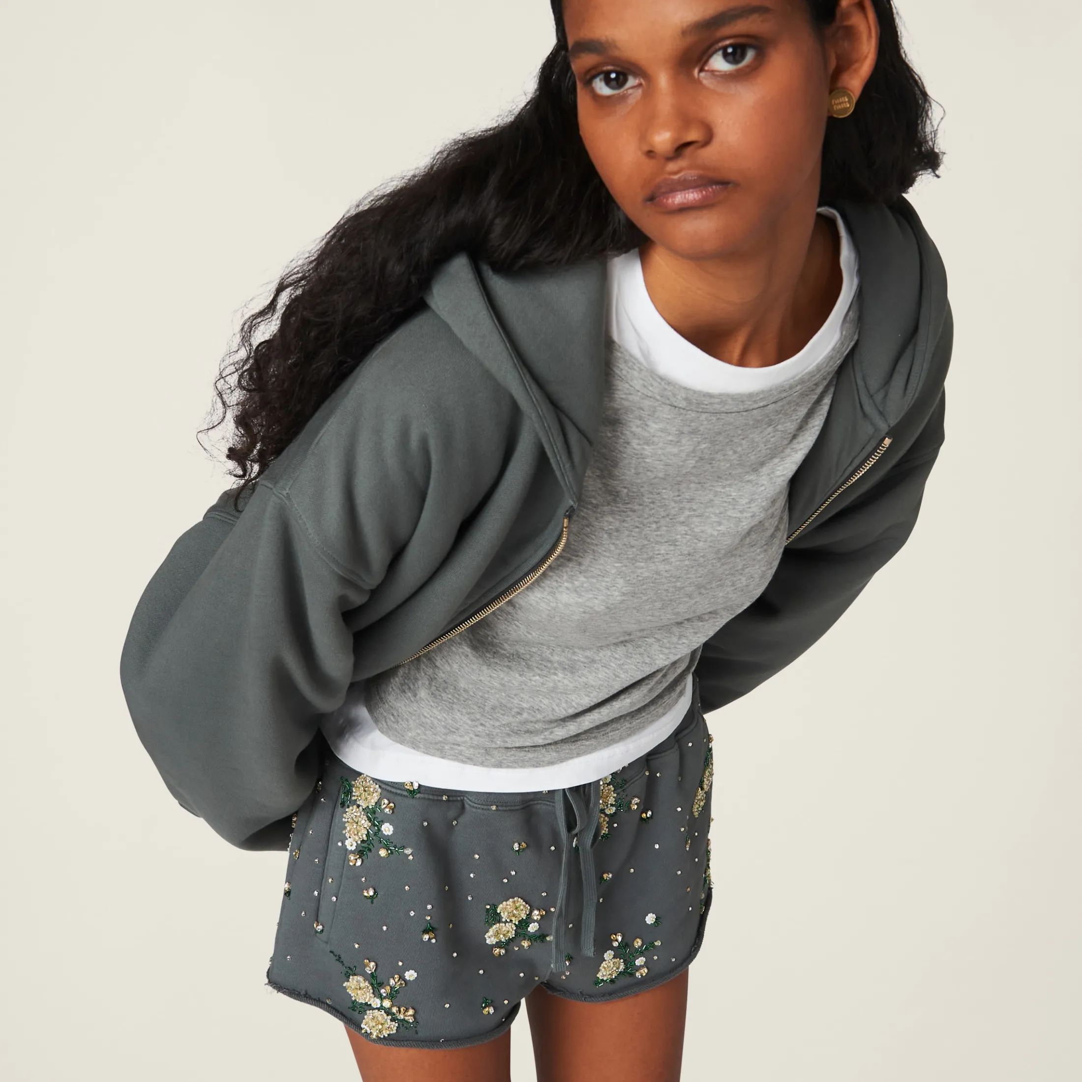 Iron Gray Garment-dyed Cotton Fleece Shorts With Embroidered Logo | Miu Miu