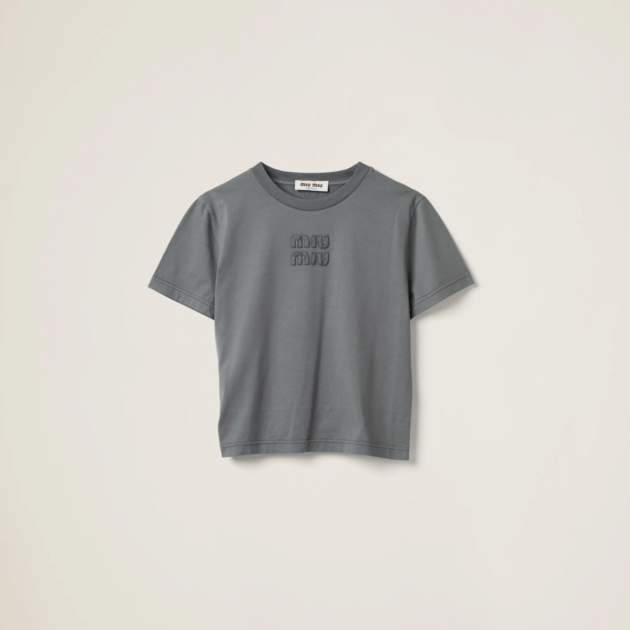 Iron Gray Garment-dyed Jersey T-shirt With Embroidered Logo | Miu Miu