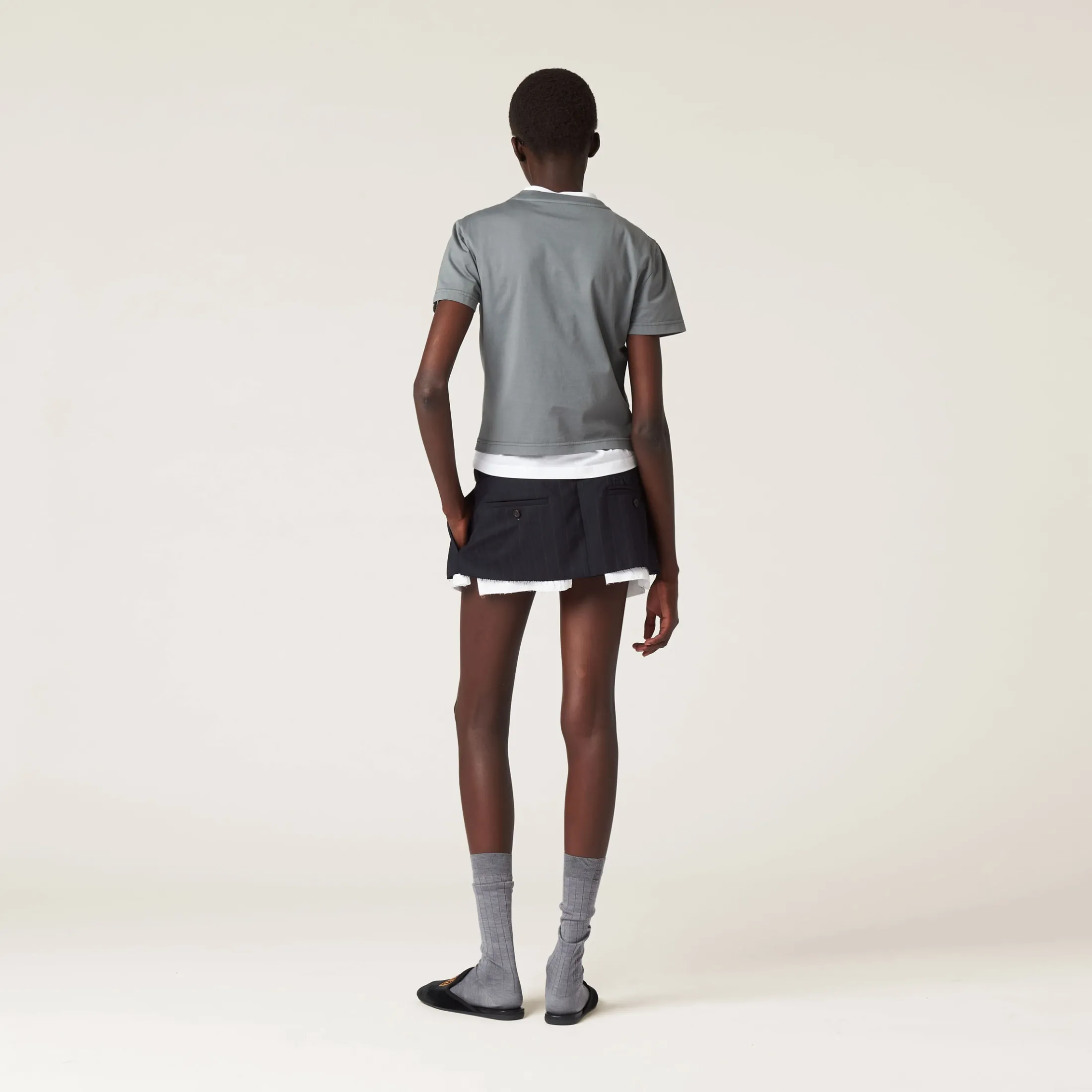 Iron Gray Garment-dyed Jersey T-shirt With Embroidered Logo | Miu Miu