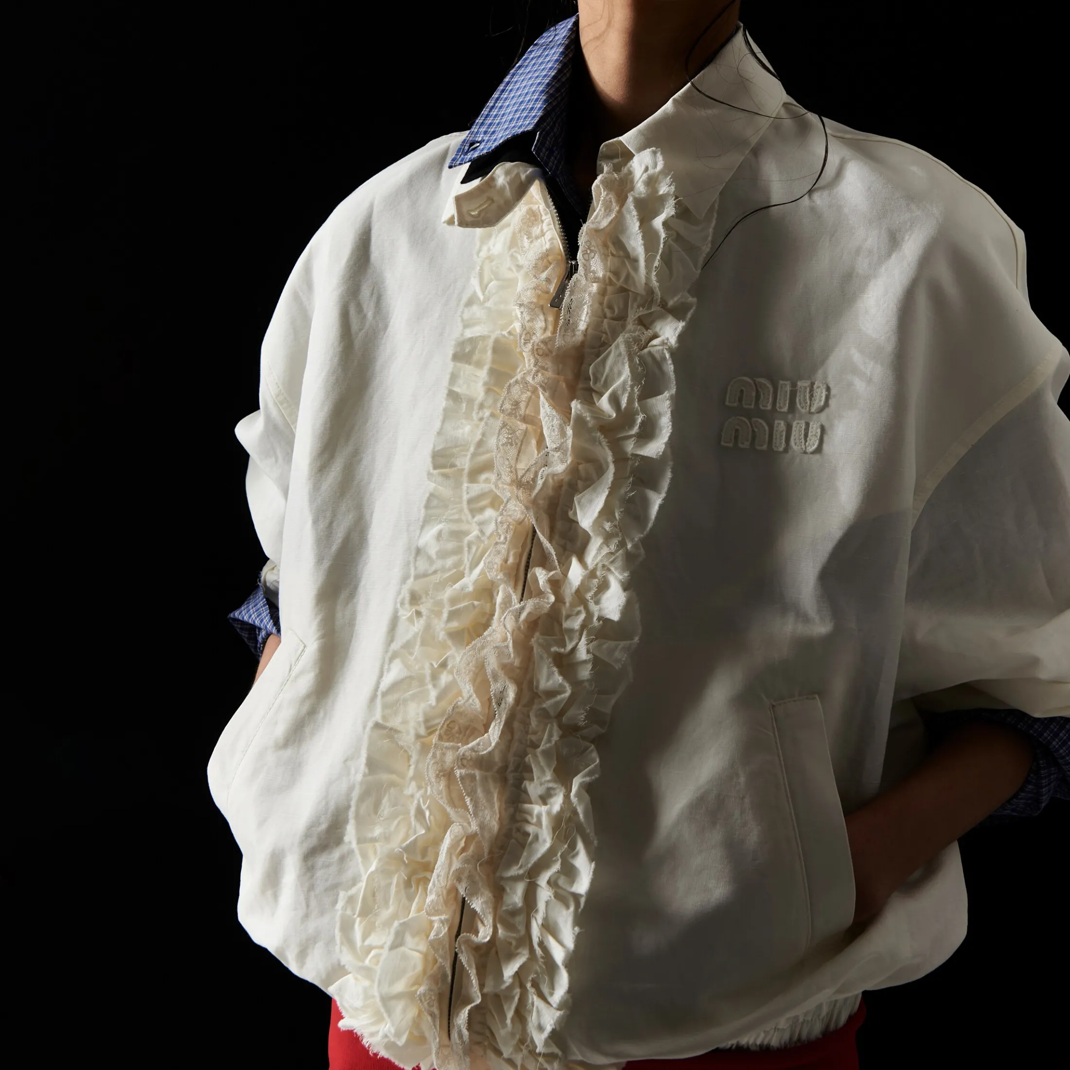 Ivory Washed Slubbed Canvas Blouson Jacket | Miu Miu
