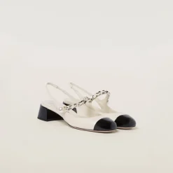 Ivory/black Leather And Patent Leather Slingback Pumps | Miu Miu